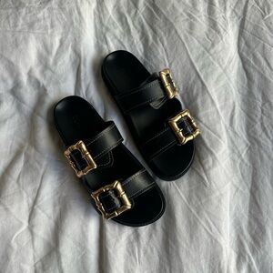 Schutz Enola Black Sandals with Gold Buckles